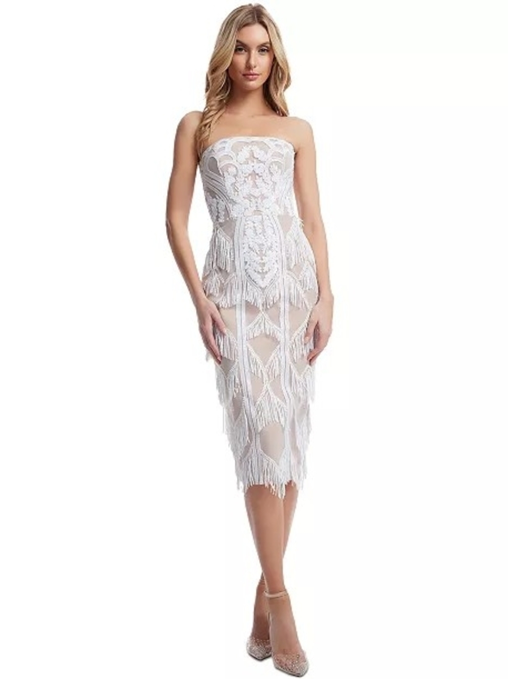 Dress the Population White Strapless Lace Fringe Midi Dress